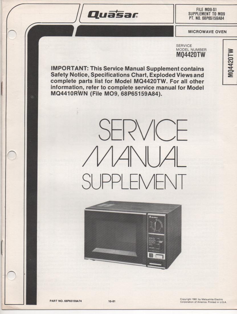 MQ4420TW MQ4418HC Microwave Oven Service Instruction Manual. MQ4410RWN Manual also included..