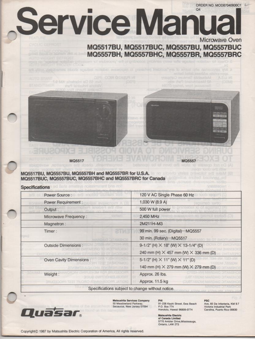 MQ5517BU MQ5517BUC Microwave Oven Service Operating Instruction Manual