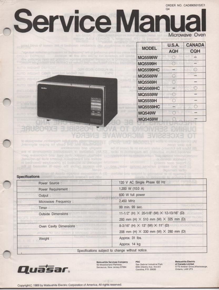 MQ5569H MQ5569W MQ5569HC MQ549W Microwave Oven Service Operating Manual