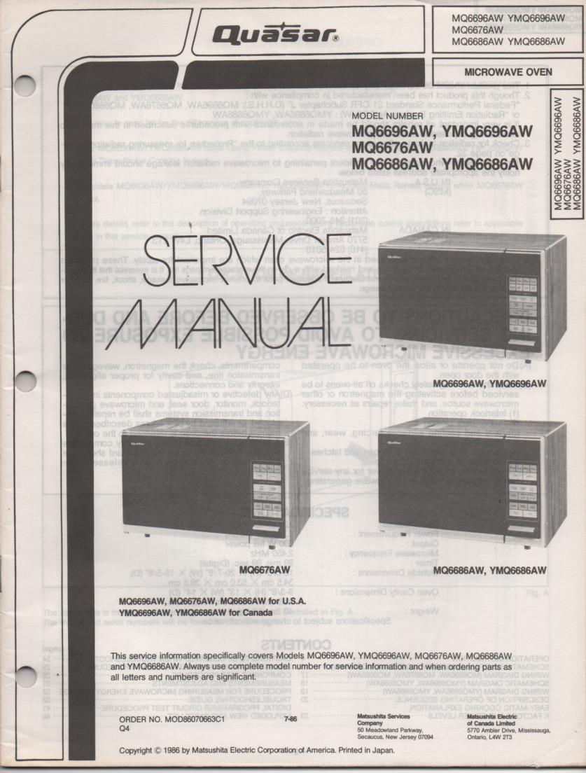 MQ6686AW YMQ6686AW MQ6676AW Microwave Oven Operating Service Instruction Manual