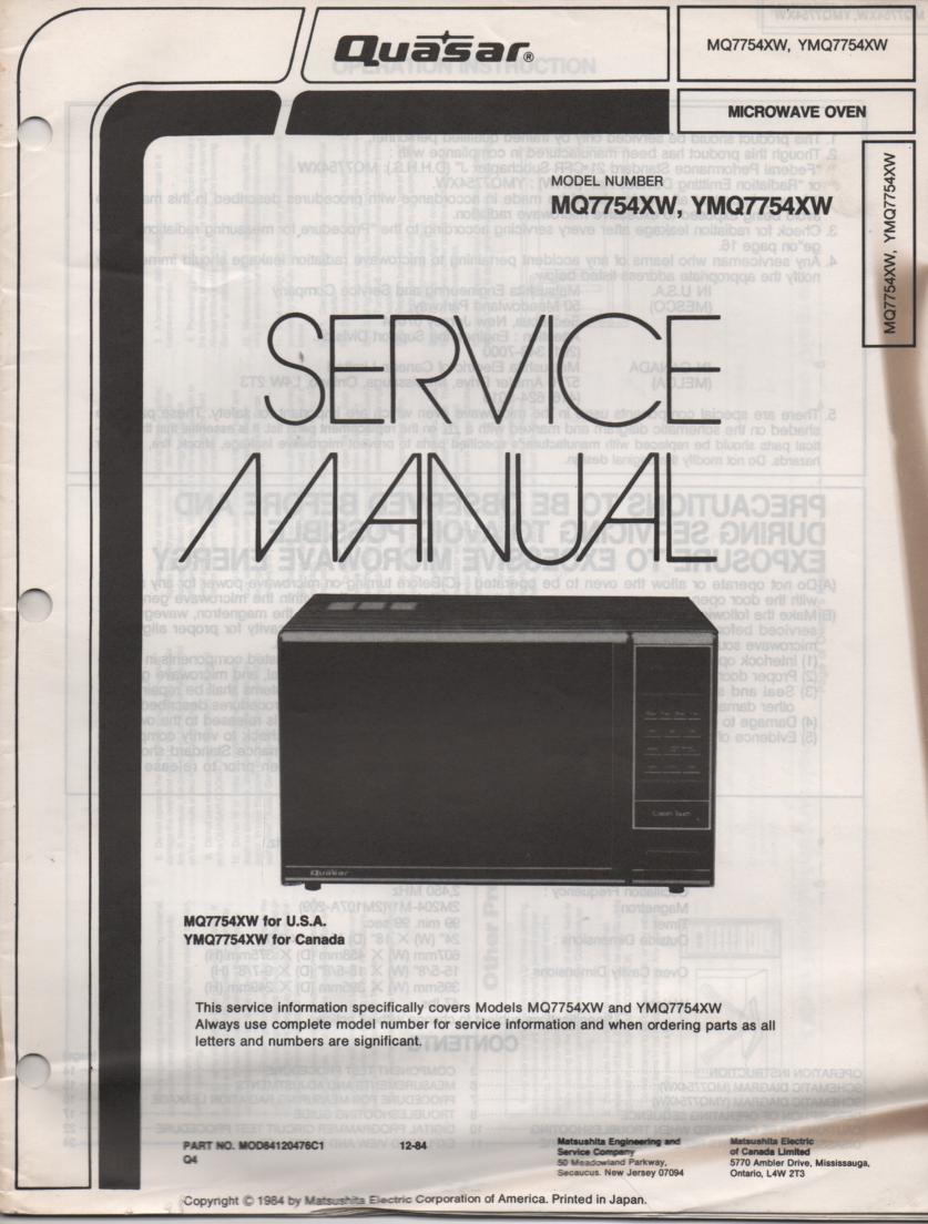 MQ7754XW YMQ7754XW Microwave Oven Operating Service Instruction Manual