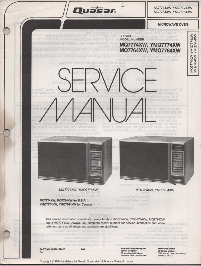 MQ7774X YMQ7774X  MQ7764X YMQ7764X Microwave Oven Operating Service Instruction Manual