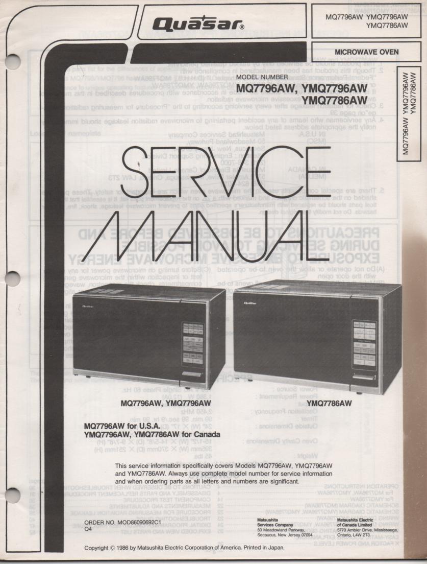 MQ7786AW MQ7796AW Microwave Oven Operating Service Instruction Manual