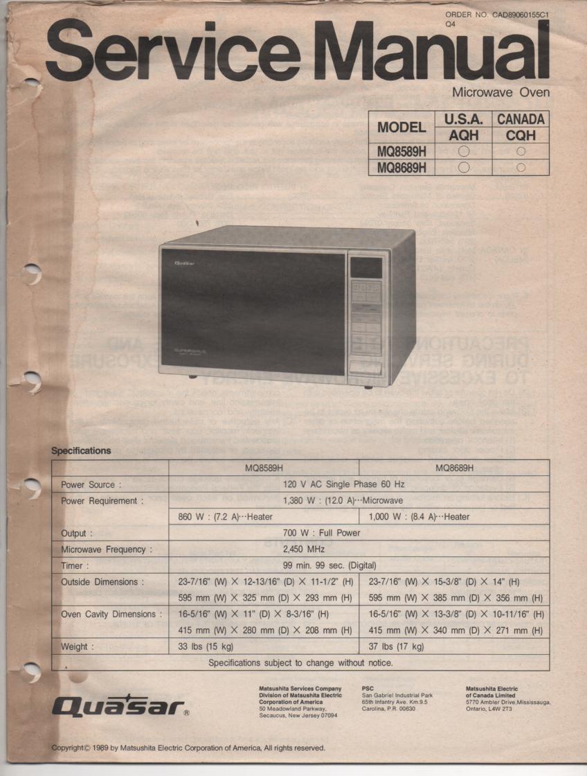 MQ8689H MQ8589H Microwave Oven Operating Service Instruction Manual
