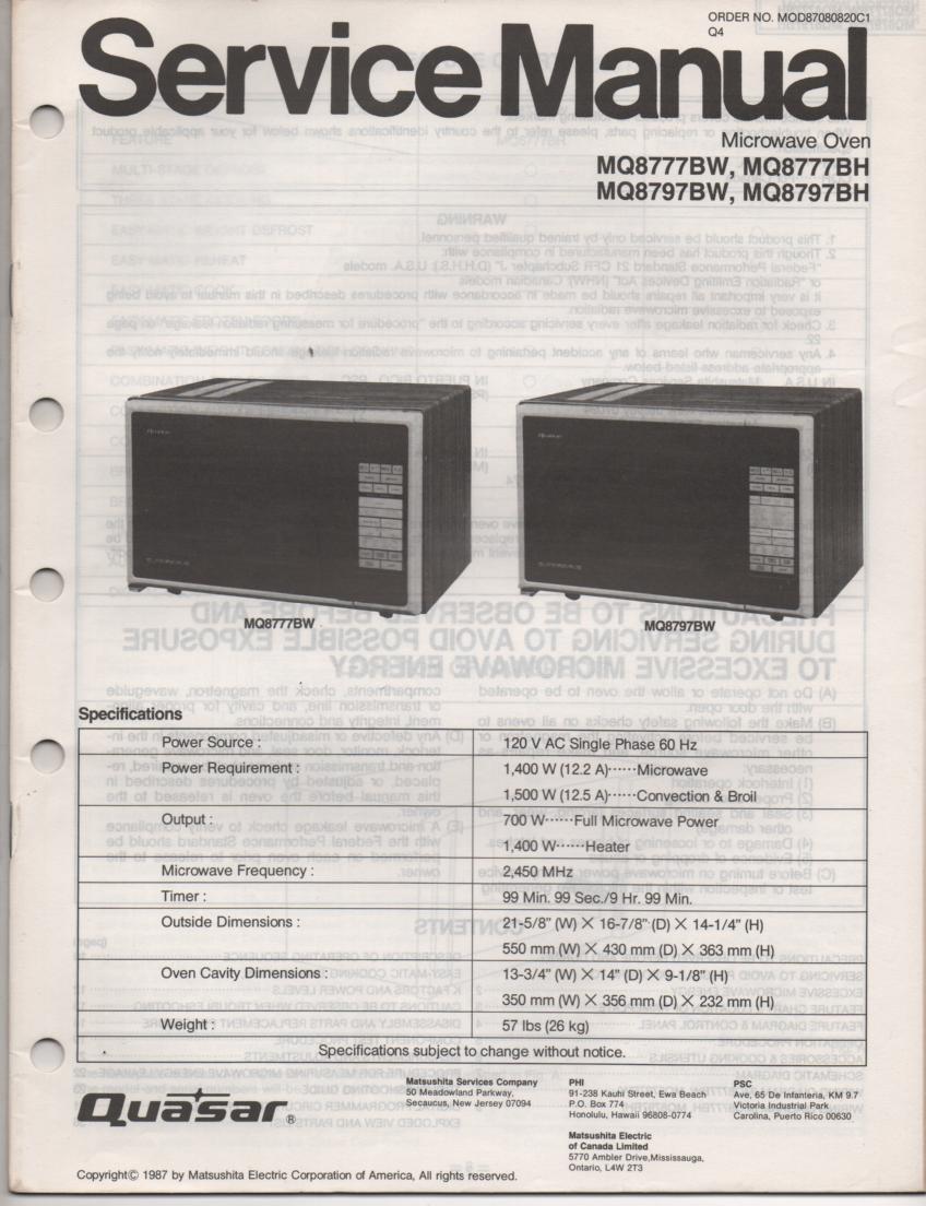 MQ8777BW MQ8777BH Microwave Oven Operating Service Instruction Manual