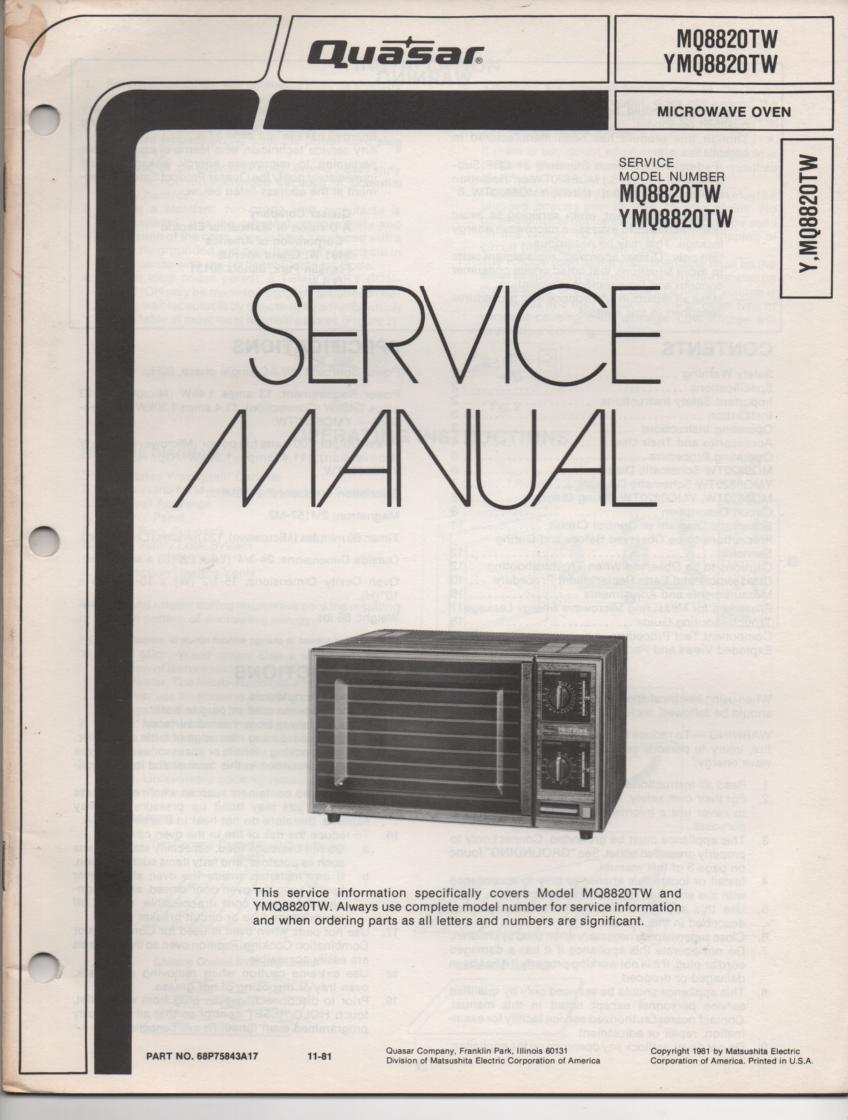 MQ8820TW YMQ8820TW Microwave Oven Operating Service Manual with parts lists and schematics