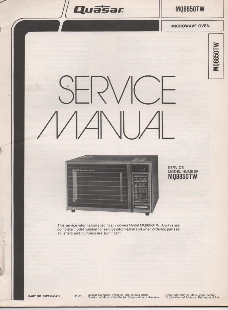MQ8850TW Microwave Oven Operating Service Manual with parts lists and schematics