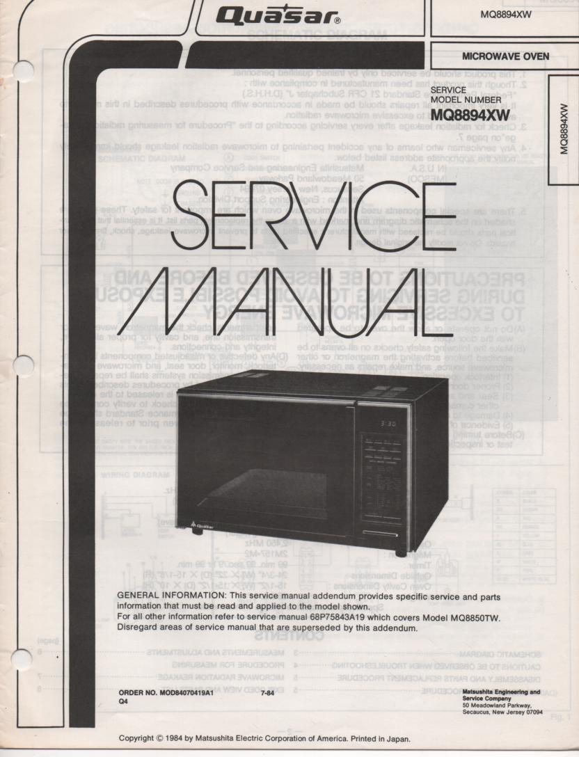 MQ8894XW Microwave Oven Service Operating Instruction Manual