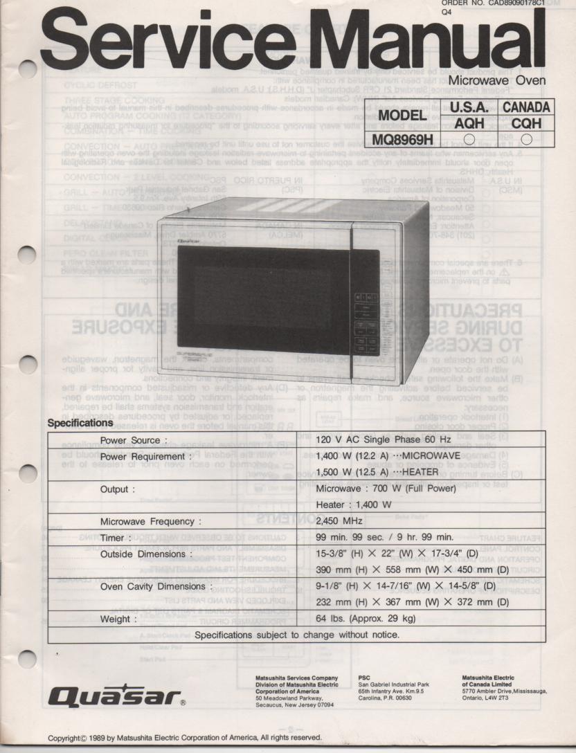 MQ8969H Microwave Oven Service Operating Manual