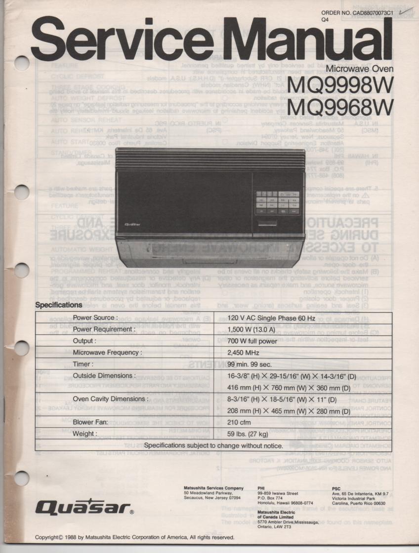 MQ9968W MQ9998W Microwave Oven Service Operating Instruction Manual with parts lists and schematics