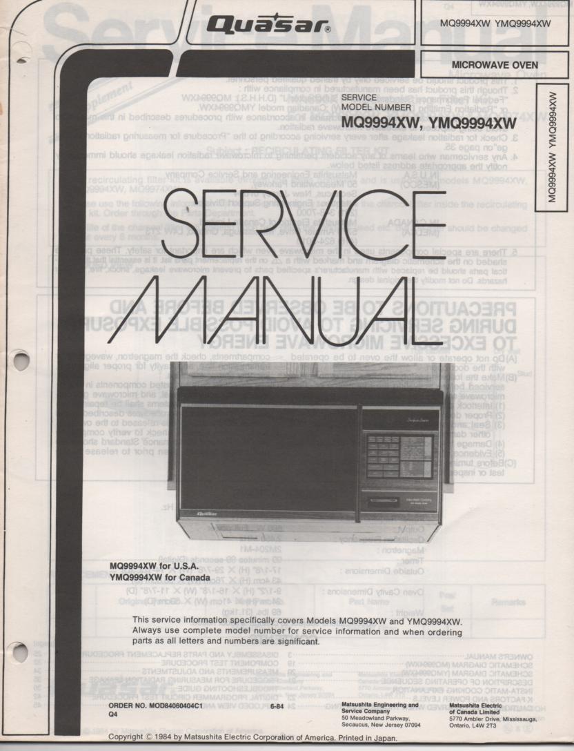 MQ9994XW YMQ9994XW Microwave Oven Service Operating Instruction Manual with parts lists and schematics