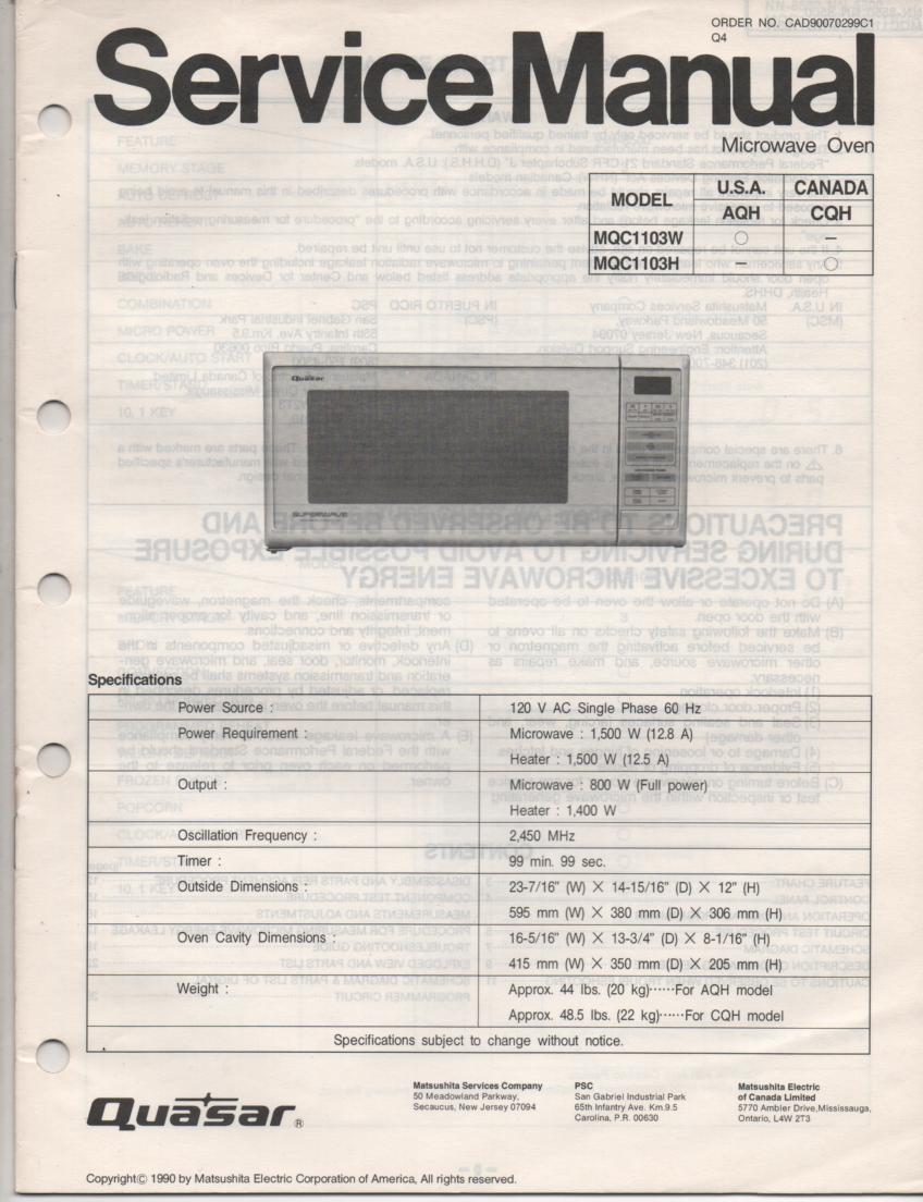 MQC1103H MQC1103W Microwave Oven Service Operating Instruction Manual