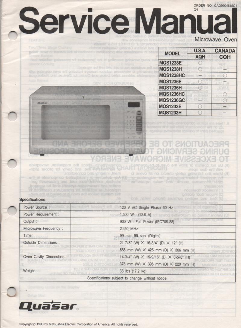 MQS1236E MQS1236H MQS1236GC MQS1236HC MQS1233E Microwave Oven Service Operating Instruction Manual with parts lists and schematics