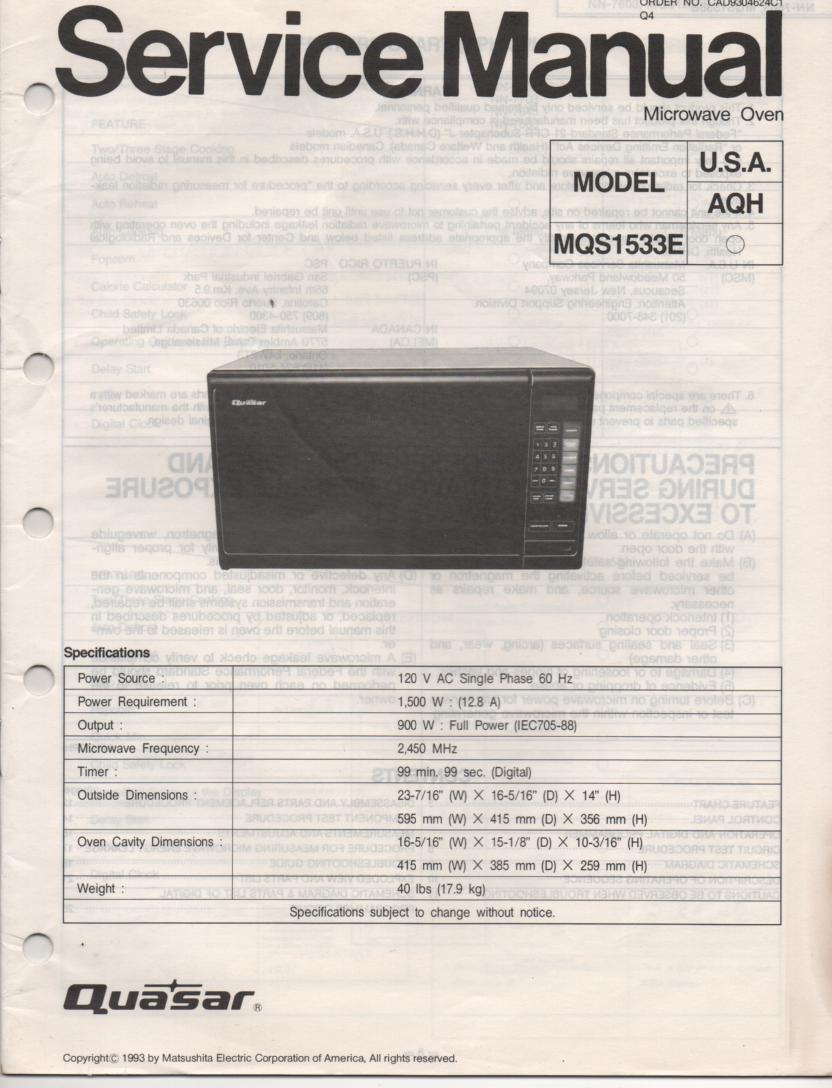 MQS1533E Microwave Oven Service Operating Instruction Manual with parts lists and schematics
