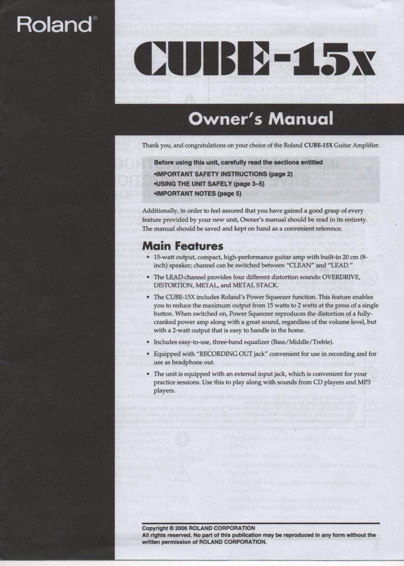 Cube 15X Guitar Amplifier Owners Manual