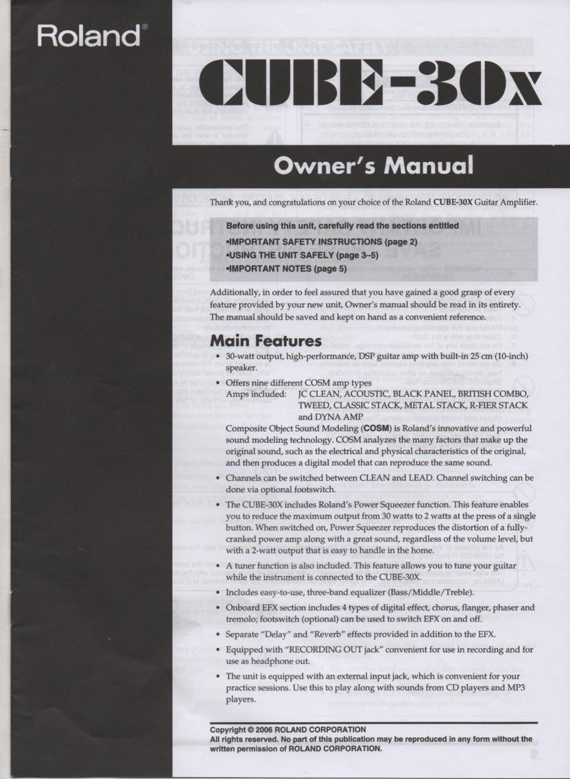 Cube 30x Guitar Amplifier Owners Manual