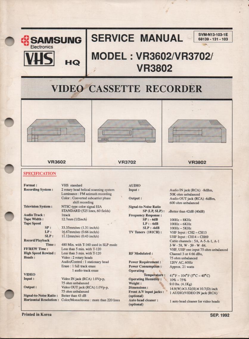 VR3602 VR3702 VR3802 VCR Service Manual