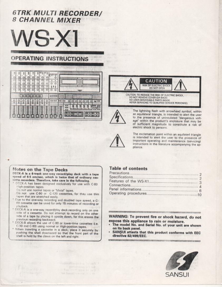 WS-X1 Cassette Studio Recorder Owners Operating Instruction Manual