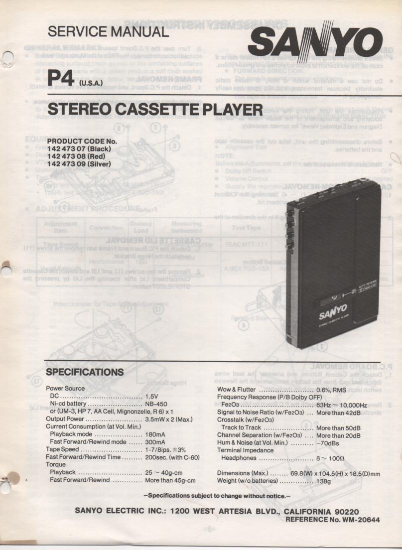 P4 Stereo Cassette Player Service Manual
