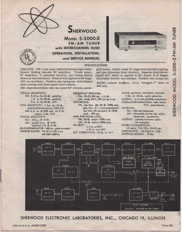 S-2000 II Stereo Tuner Operation Installation Service Manual. for Serial no. 229000 and up.  