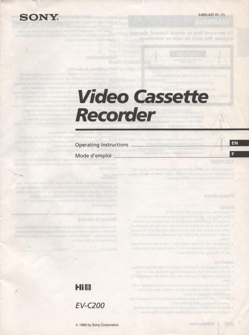 EV-C200 Hi 8 VCR Owners Operating Instruction Manual