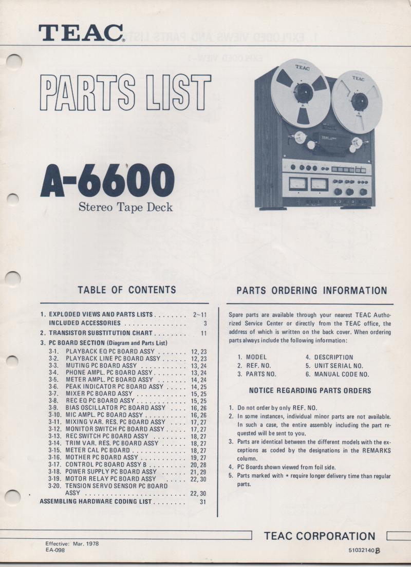 A-6600 Reel to Reel Service Parts Manual Only