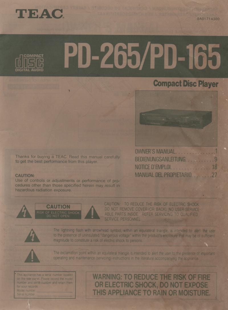 PD-165 PD-265 CD Player Owners Manual.  Manual is in English, German, French and Spanish