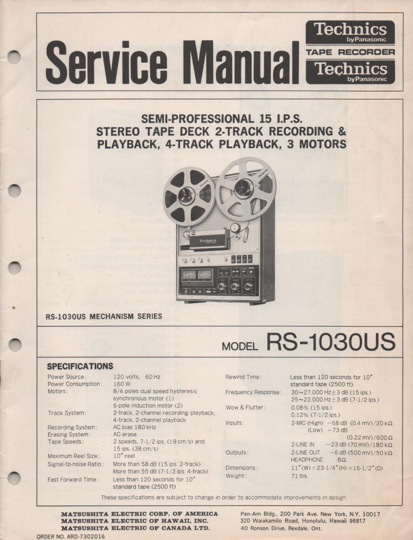 RS-1030US Reel to Reel Service Manual. Comes with 2 manuals..  service manual and parts manual..