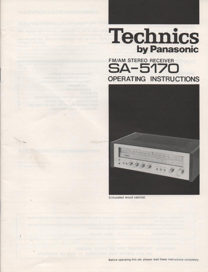 SA-5170 Receiver Owners Operating Instruction Manual