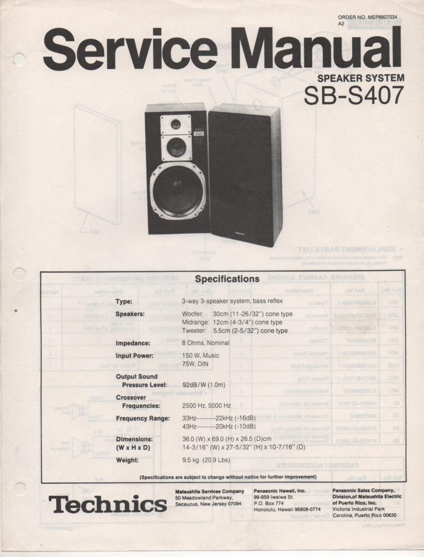 SB-S407 Speaker System Service Manual