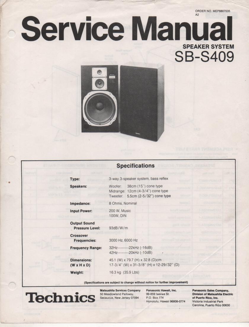 SB-S409 Speaker System Service Manual