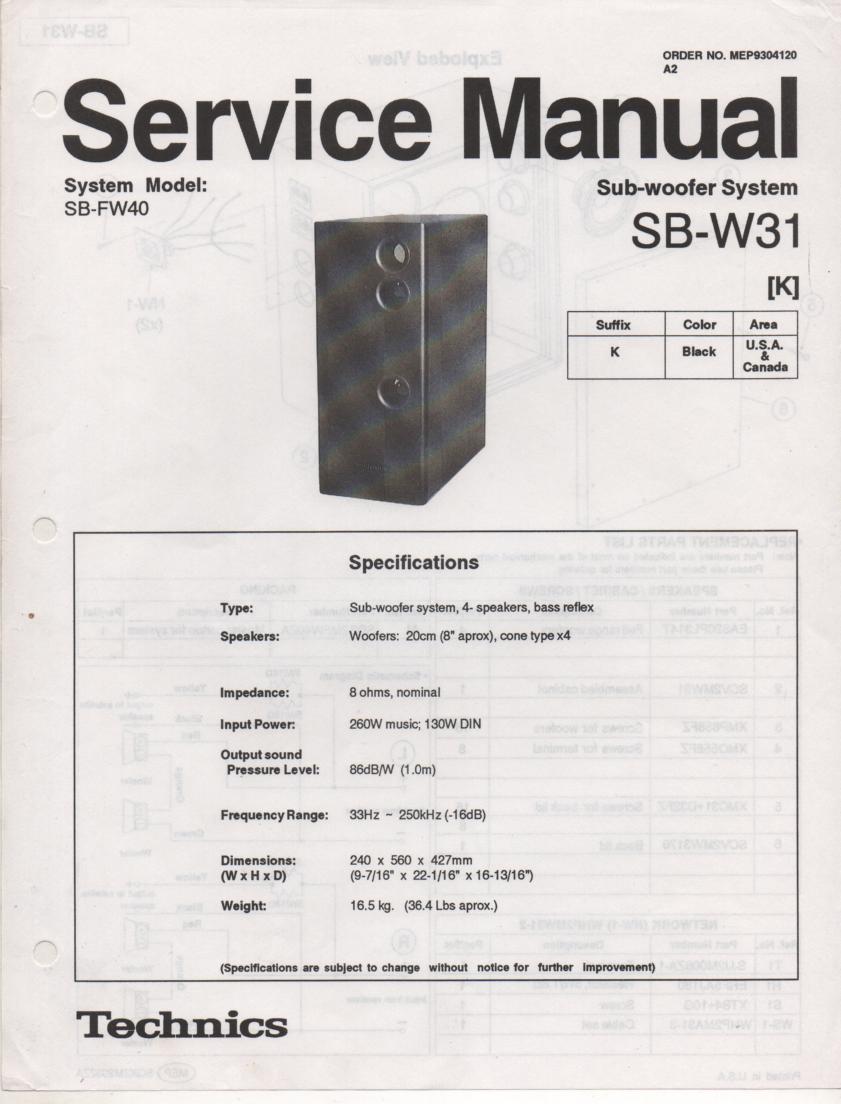 SB-W31 SB-31K Speaker System Service Manual