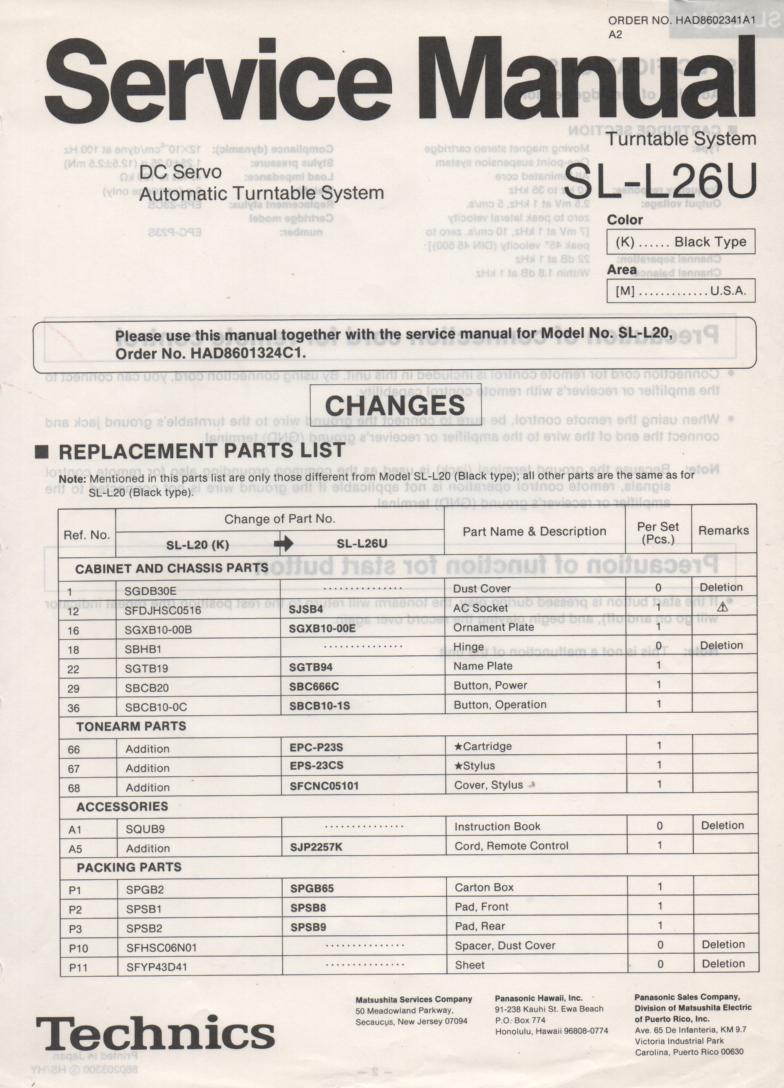 SL-L26U Turntable Service Manual covers M K versions