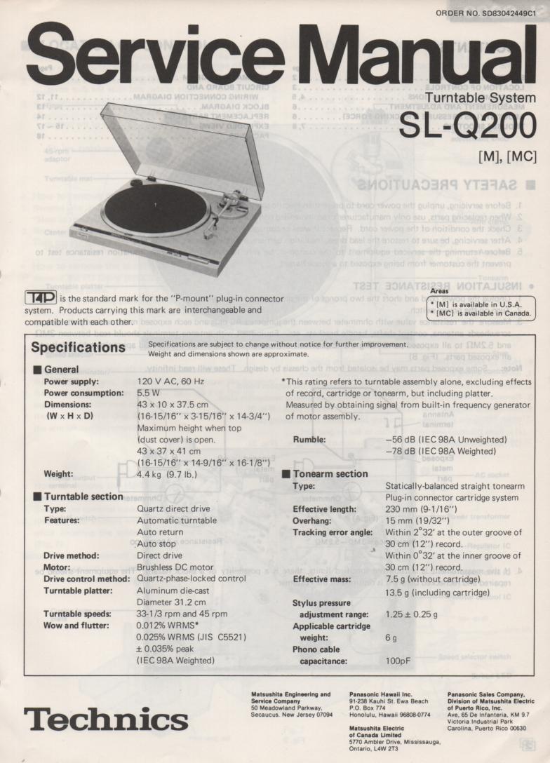 SL-Q200 Turntable Service Manual covers M MC versions. 