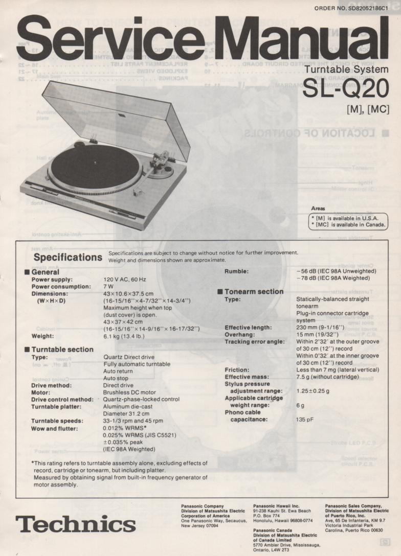 SL-Q20 Turntable Service Manual covers M MC versions. 