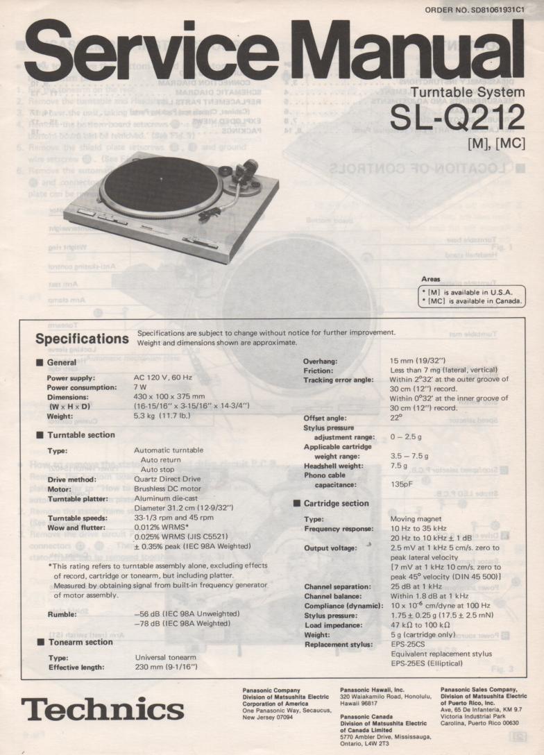 SL-Q212 Turntable Service Manual covers M MC versions. 