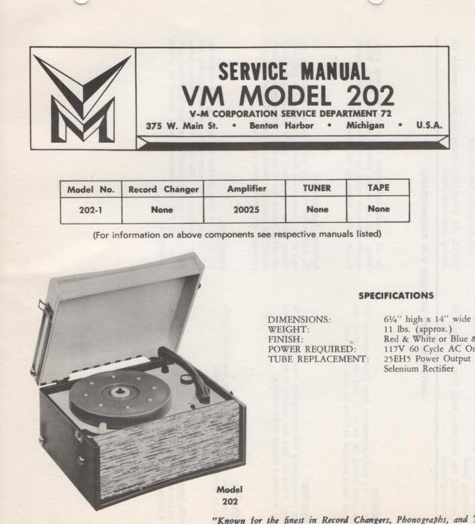 202 Phonograph Service Manual.   Comes with 20025 amplifier manual