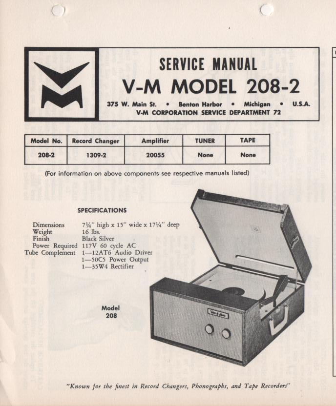 208-2 Portable Phonograph Service Manual.  Comes with 1309 record changer manual and 20055 manual.