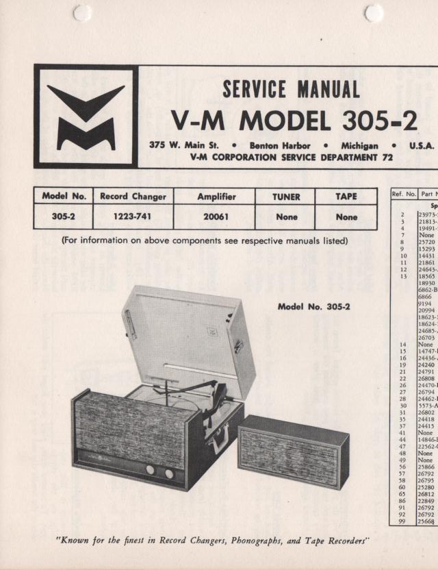 305-2 Portable Phonograph Service Manual.   Comes with 1223 turntable manual and 20061 power amp manual..