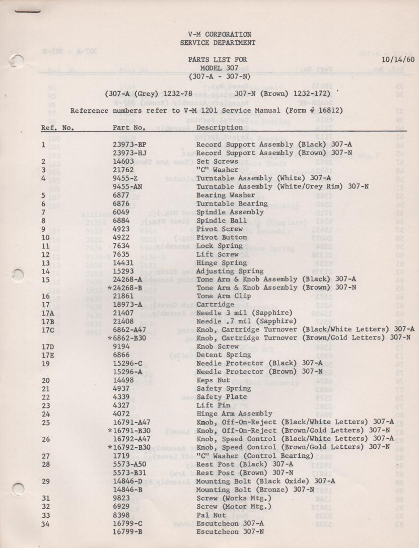307 Portable Phonograph Service Manual. 307-A 307-N..  Parts list and schematic and 1201 record changer manual..