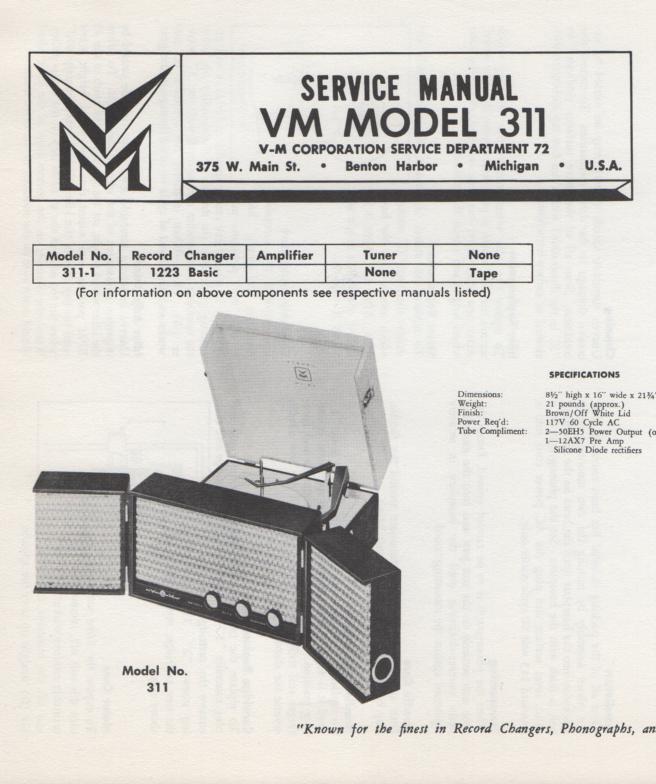 311 Portable Phonograph Service Manual.  comes with 1223 record changer manual..
