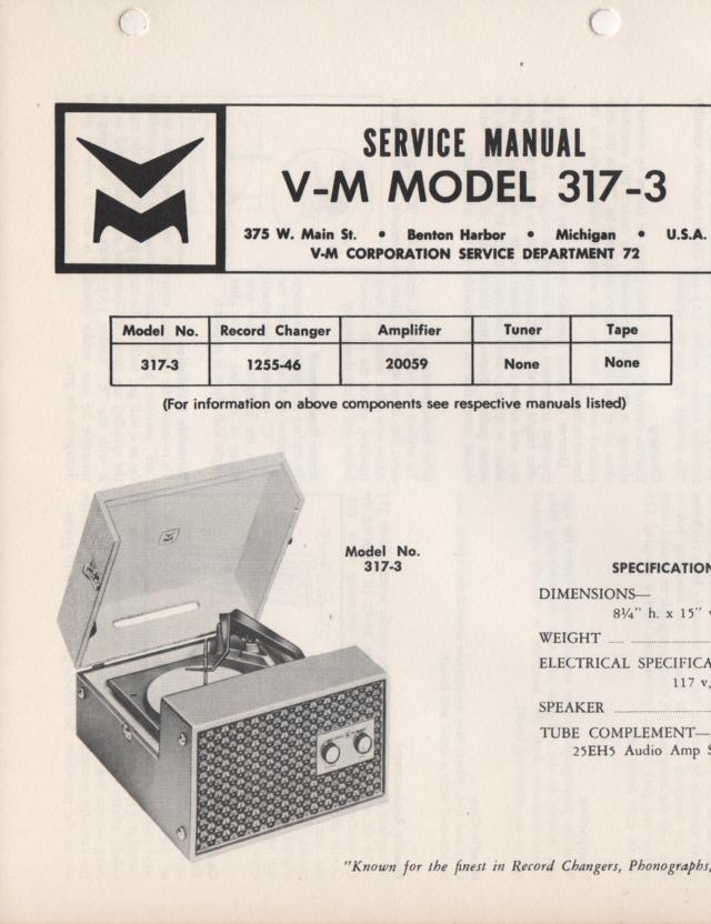 317-3 Portable Phonograph Service Manual Comes with 20059 and 1255 manuals