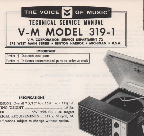 319-1 Portable Phonograph Service Manual Comes with B1257 and 20070 manuals