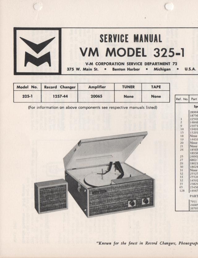 325-1 Portable Phonograph Service Manual Comes with 1257 and 20065 manuals
