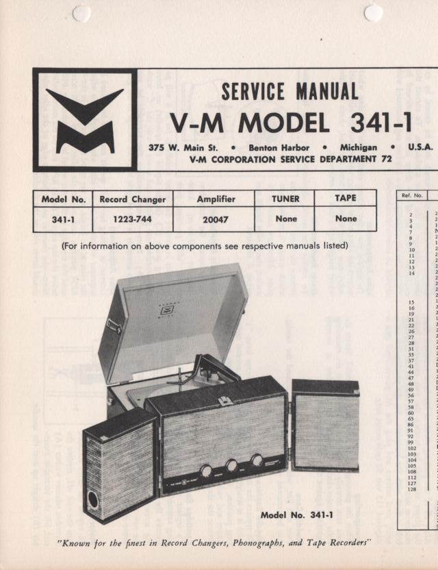 341-1 Portable Phonograph Service Manual Comes with 1223 and 20047 manuals.