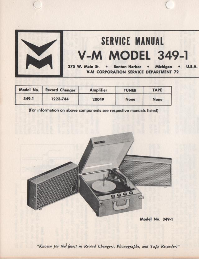 349-1 Portable Phonograph Service Manual Comes with 1223 and 20049 manuals