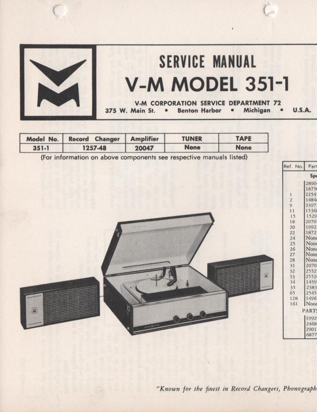351-1 Portable Phonograph Service Manual Comes with 1257 and 20047 manuals