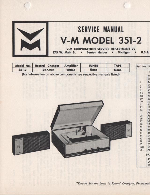 351-2 Portable Phonograph Service Manual Comes with 1257 and 20047 manuals