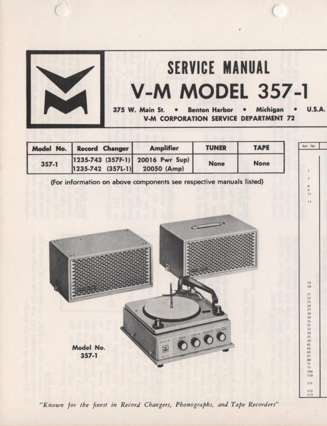 357-1 Portable Phonograph Service Manual Comes with 1235 and 20016 and 20050 manuals