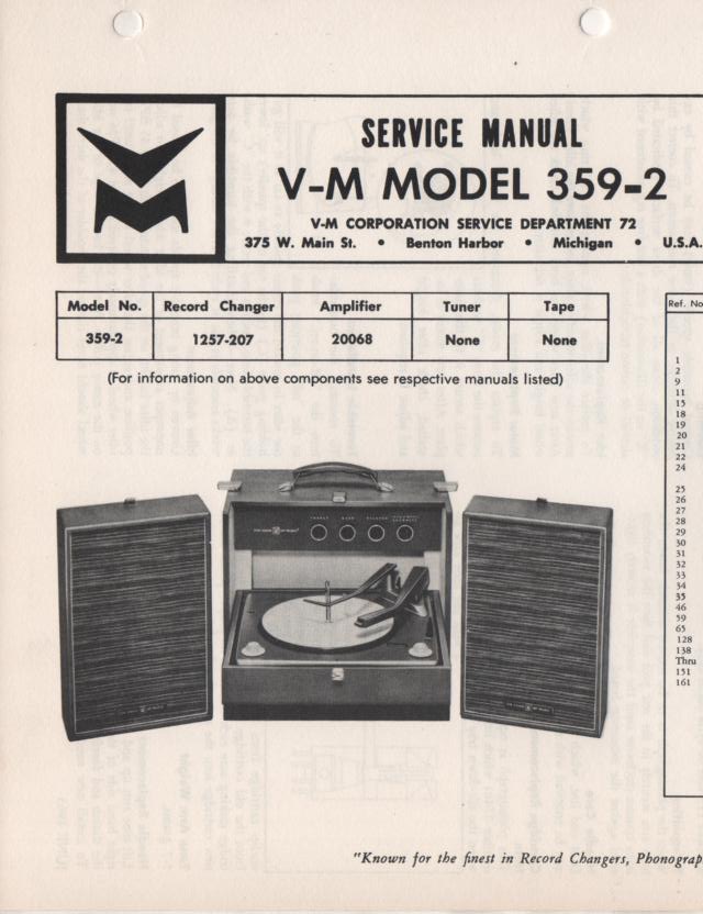359-2 Portable Phonograph Service Manual Comes with 1257 and 20068 manuals